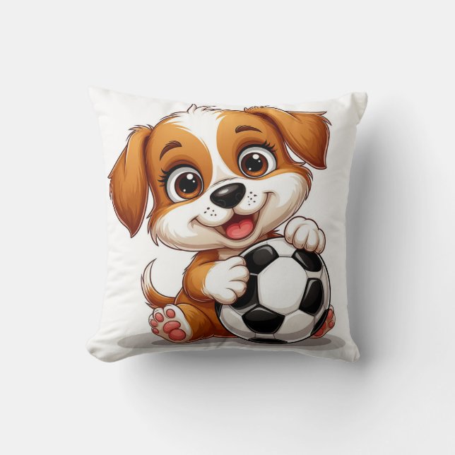 Coussin Joli Cartoon Chiot tenant Ball de Football (Recto)