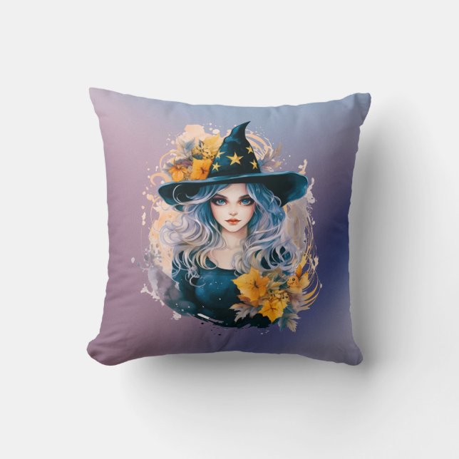 Coussin Joli Chapeau de Sorcière Étoiles Bleu Violet Hallo (Recto)