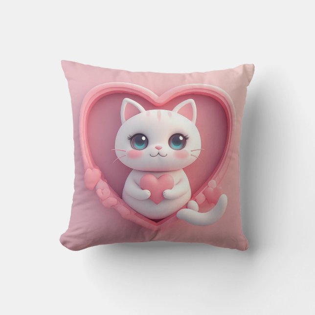 Coussin Joli chat blanc avec un cœur design kawaii kitty l (Recto)
