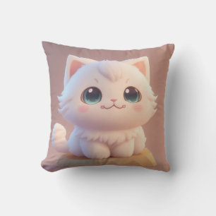 Coussin Joli Chat Blanc Fluffy aux Grands Yeux