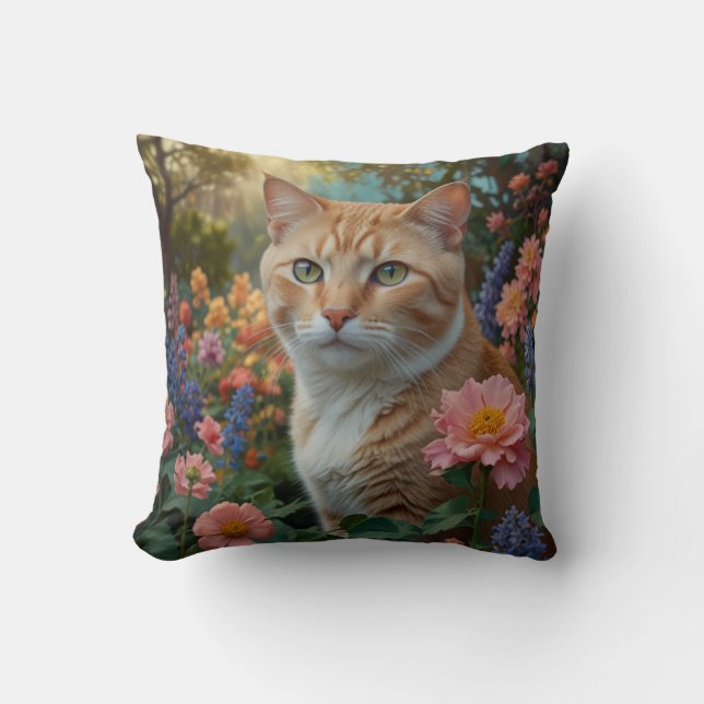 Coussin Joli chat blanc orange dans un jardin fleuri (Recto)