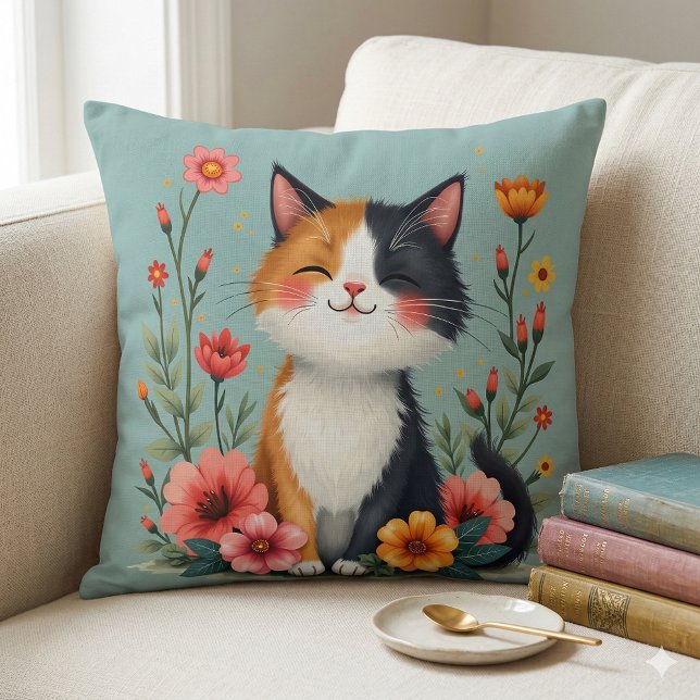 Coussin Joli Chat Calico avec une Esthétique Florale Cotta (Cute Calico Cat with Floral Cottagecore Aesthetic Throw Pillow Mockup A)
