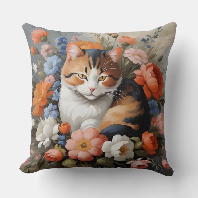 Coussin Joli chat calico et fleurs (Recto)