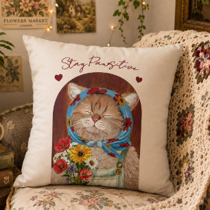 Coussin Joli Chat Cottagecore avec Fleurs Restez Pawsitive