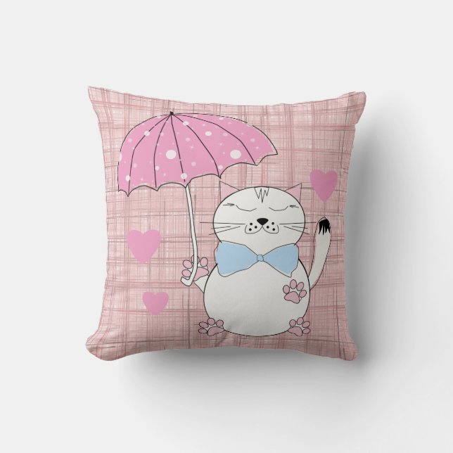 Coussin Joli chat de dessin animé avec parapluie (Recto)