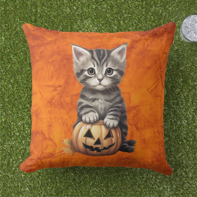 Coussin Joli chat d'Halloween Citrouille Confortable Décor (Herbe)