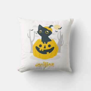 Coussin Joli chat d'Halloween sortant d'une citrouille ave