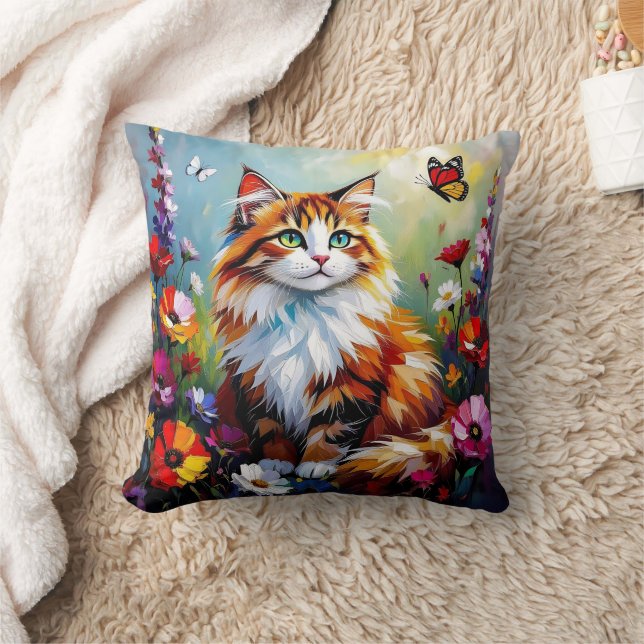 Coussin Joli Chat Fantaisiste, Fleurs et Papillons (Couverture)