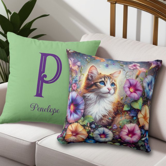 Coussin Joli chat Floral Jardin Personnalisé Monogramme (Créateur téléchargé)