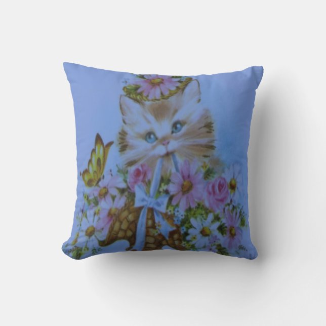 Coussin Joli chat kitty amoureux de bleu clair et de rose (Recto)