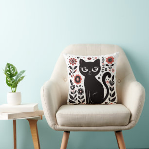 Coussin Joli chat noir aux grands yeux et aux fleurs