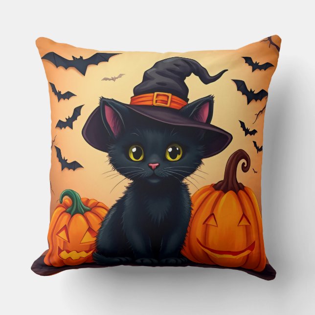 Coussin Joli chat noir avec un chapeau de sorcière entouré (Recto)