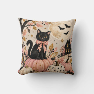Coussin Joli Chat Noir & Citrouilles Rose pour Halloween