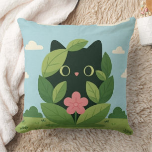 Coussin Joli chat noir dans le feuillage - Art numérique