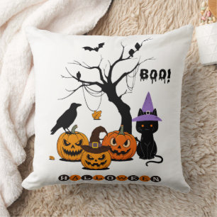 Coussin Joli chat noir d'Halloween avec citrouilles