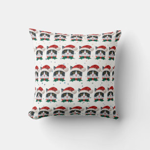 Coussin Joli chat noir et blanc avec chapeau de Père Noël