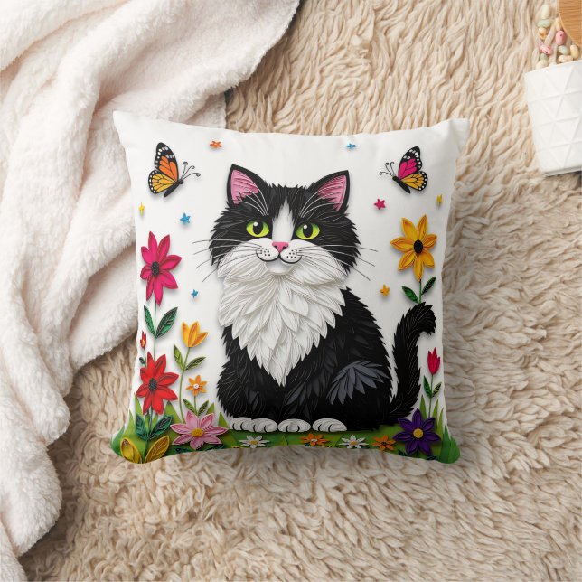 Coussin Joli chat noir et blanc, fleurs et papillons (Couverture)
