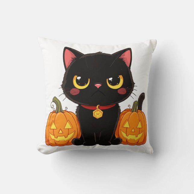 Coussin Joli chat noir et citrouilles Halloween (Recto)