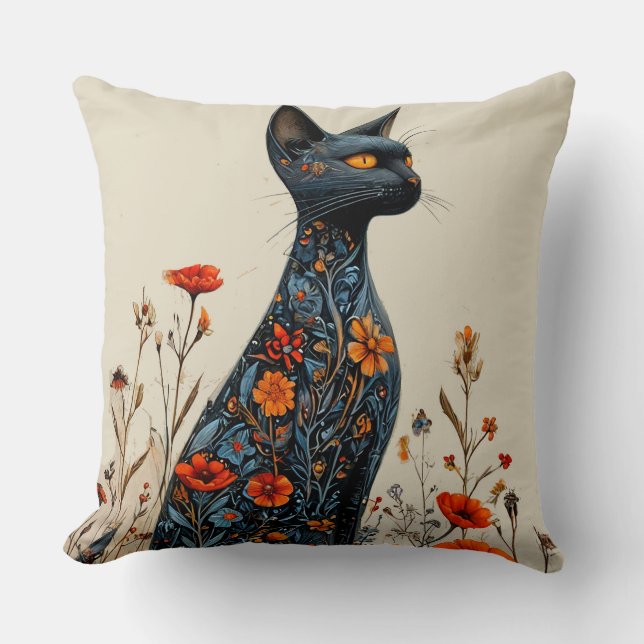 Coussin Joli chat noir et fleurs (Recto)