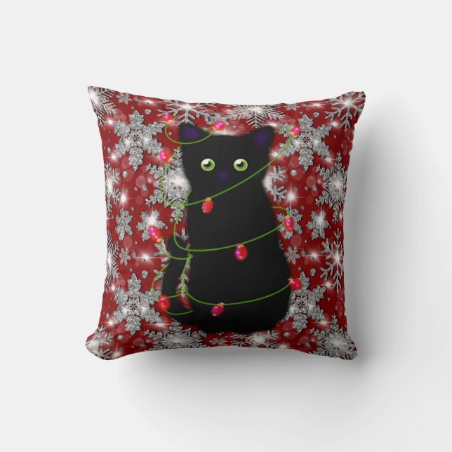 Coussin Joli chat noir Meowy Noël flocon de neige scintill (Recto)