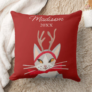 Coussin Joli chat rétro rouge Noël