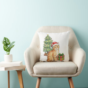 Coussin Joli Chat Roux Chapeau de Père Noël Ornement de No