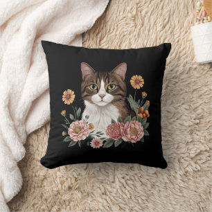 Coussin Joli chat tigré avec des fleurs