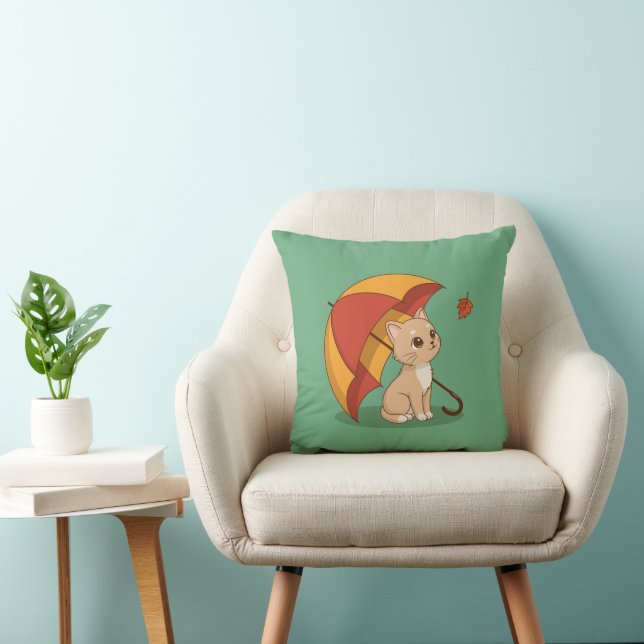 Coussin Joli Chaton Chat Rouge Jaune Parapluie Automne Ver (Chaise)