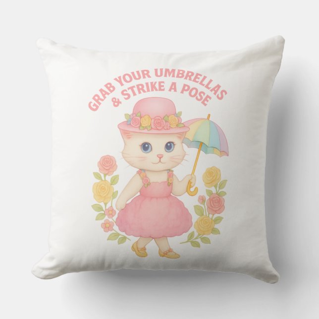 Coussin Joli chaton en robe rose – Pose au parapluie (Recto)