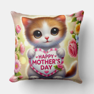 Coussin Joli chaton tenant un cœur pour la fête des mères