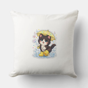 Coussin Joli Chatons par Jour de Pluie avec Parapluie Jaun