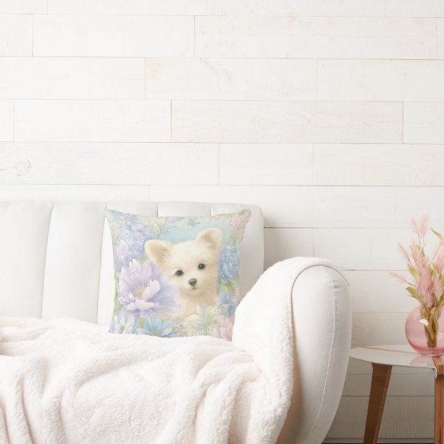 Coussin joli chiot blanc avec des fleurs (Canapé)
