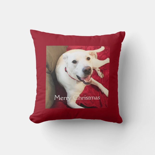 Coussin Joli chiot blanc souriant Noël Rouge (Recto)