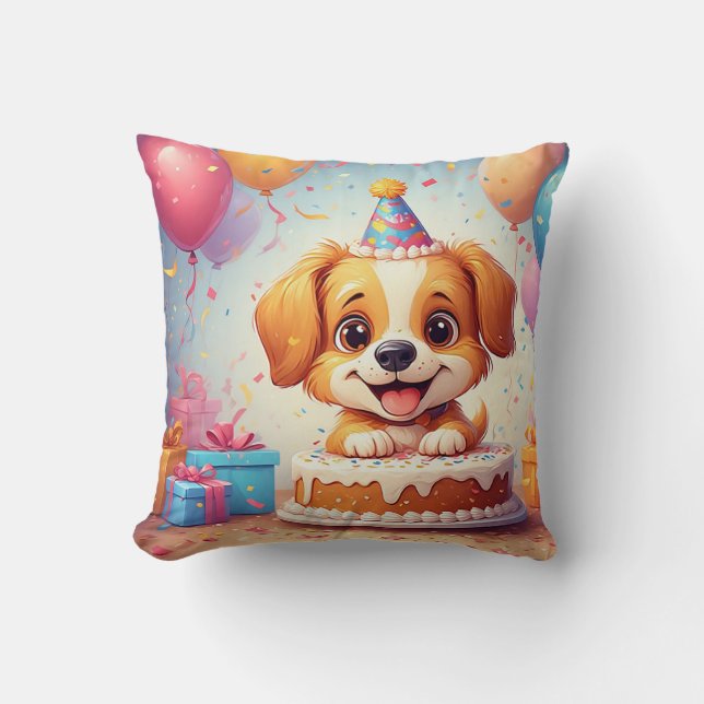 Coussin Joli chiot célébrant une fête d'anniversaire avec  (Recto)