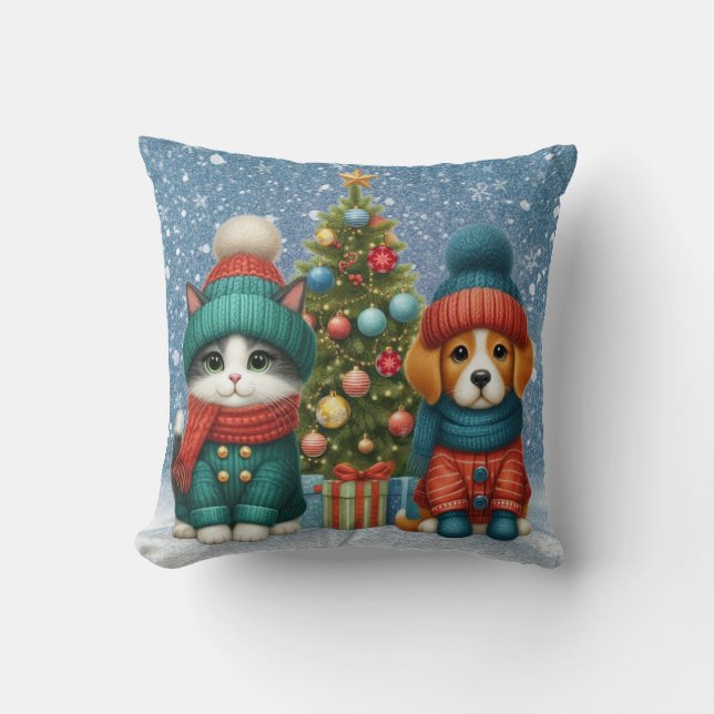 Coussin Joli chiot de Noël & chaton (Recto)