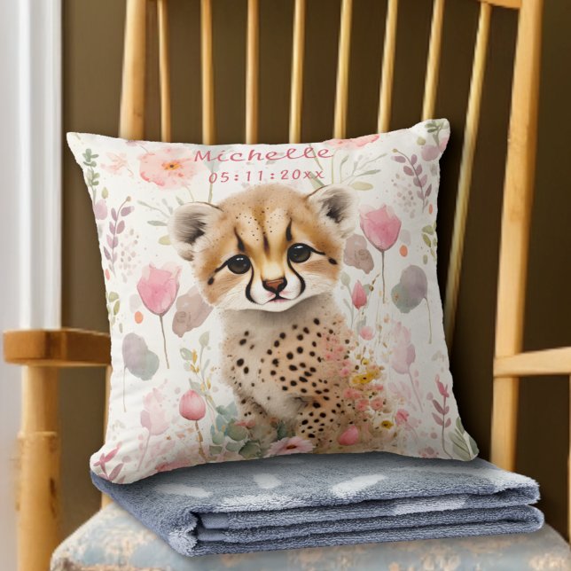 Coussin Joli chiot guépard pastel aquarelle fleurs de prin (Créateur téléchargé)