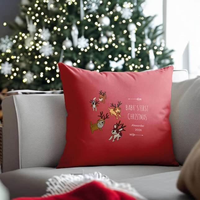 Coussin Joli chiot renne premier Noël de bébé (Créateur téléchargé)