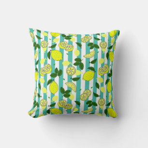 Coussin Joli citrons jaunes sur Turquoise Blue Stripes Mot