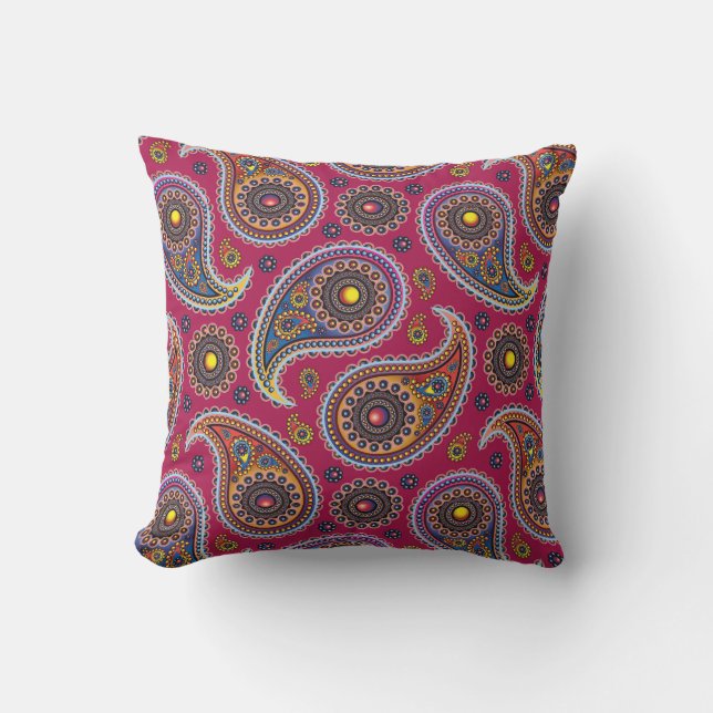 Coussin Joli Classique Paisley Rouge Bleu Marine Jaune  (Recto)