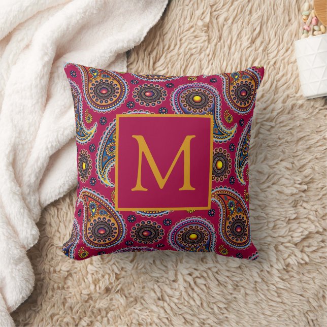 Coussin Joli Classique Paisley Rouge Jaune Monogramme (Couverture)