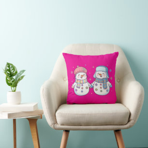 Coussin Joli couple de bonhommes de neige d'hiver se tenan