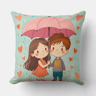 Coussin Joli Couple de Dessins Animés Souriant Sous un Par