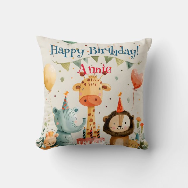 Coussin Joli dessin animal enfants avec éléments d'anniver (Recto)
