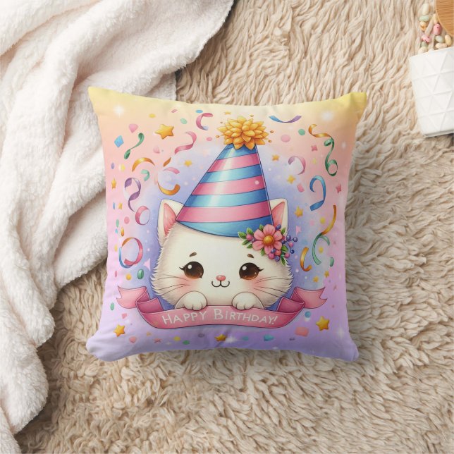 Coussin Joli dessin animé Kawaii Kitty Chat Joyeux Anniver (Couverture)