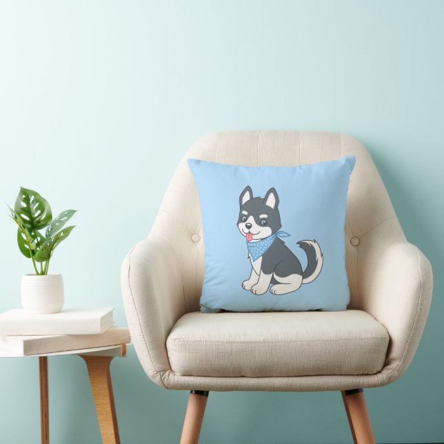Coussin Joli dessin Husky Chien chiot sur bleu (Chaise)