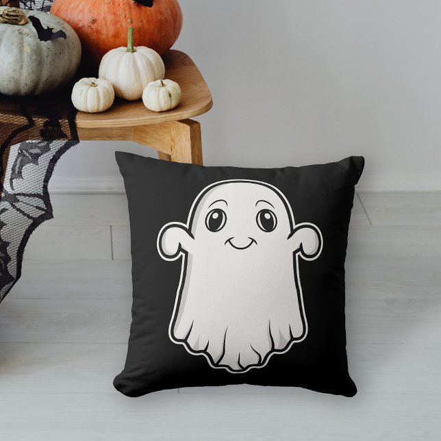 Coussin Joli dessin souriant Fantôme Halloween noir blanc (Cute design for the Halloween season.)