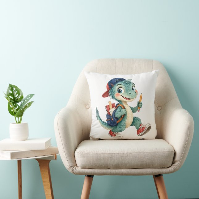 Coussin Joli dinosaure à l'aquarelle avec fournitures scol (Chaise)