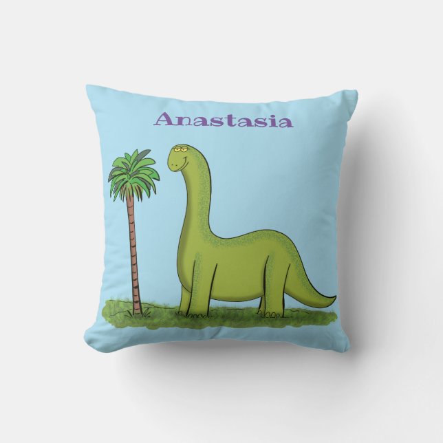 Coussin Joli dinosaure cartoon brontosaurus vert heureux (Recto)