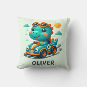 Coussin Joli dinosaure de course dans une voiture vert cla