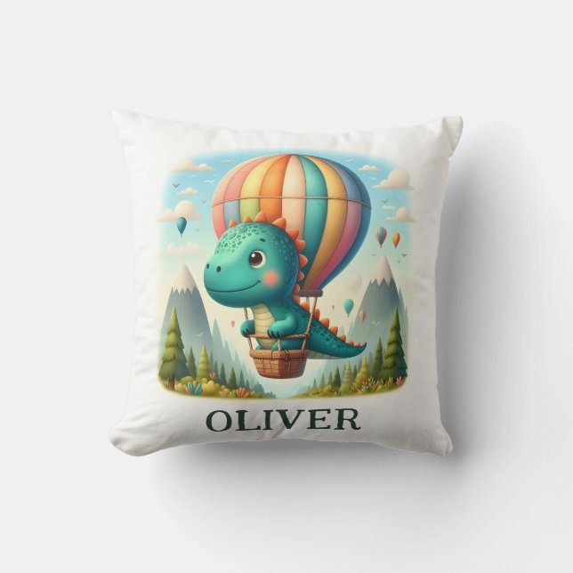 Coussin Joli dinosaure volant dans une montgolfière (Recto)